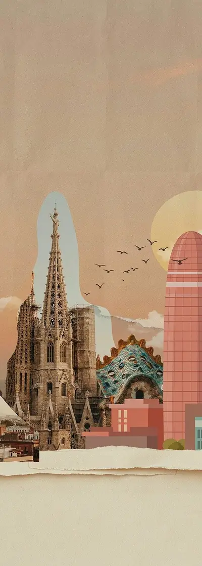 Ilustración de Barcelona con la Sagrada Família y la Torre Glòries